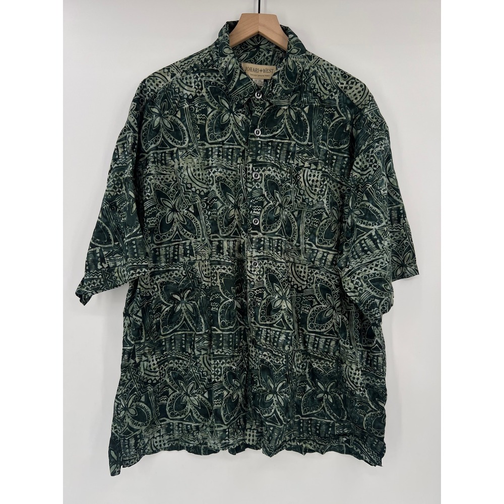 Johari West Mens 3XL Green Batik Tribal Cotton Short Sleeve Button Down Shirt